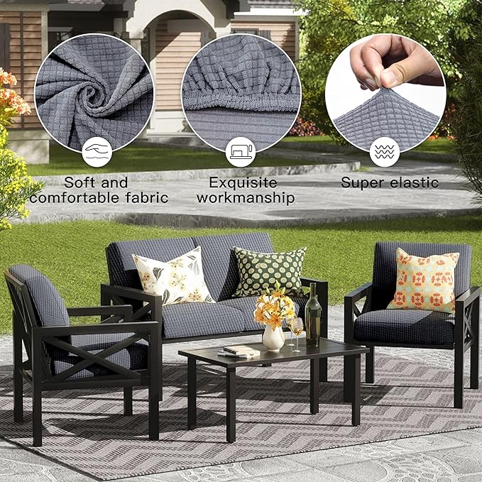 8Pcs Outdoor Cushion Covers, Patio Cushion Covers,Stretch Elastic Slipcovers, Replacement Washable & Reusable Furniture Protector for Patio Couch,Thick Jacquard Fabric(Grey, Cover Only)