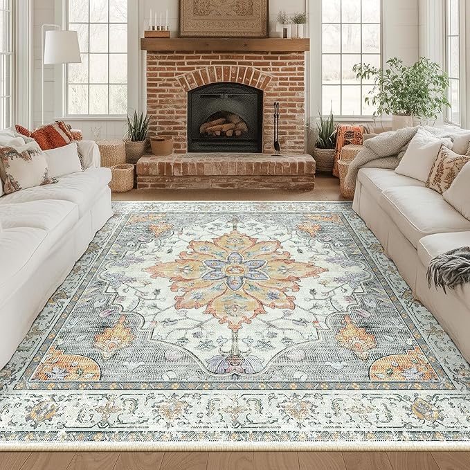 RELEANY Area Rugs Square 8ft Washable Non-Slip, Floral Vintage Distress Print Pattern Medallion Carpet for Living Room Bedroom Dining Room, Light Yellow Carbon Grey Orange