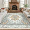 RELEANY Area Rugs Square 8ft Washable Non-Slip, Floral Vintage Distress Print Pattern Medallion Carpet for Living Room Bedroom Dining Room, Light Yellow Carbon Grey Orange