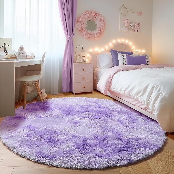ONASAR Tie-Dyed Purple Round Area Rug 4ft, Soft Bedroom Circle Rugs Floor Mats for Kids Girls Teen Room, Kawaii Fluffy Plush Shaggy Carpet for Baby Nursery Living Room Playroom Home Decor