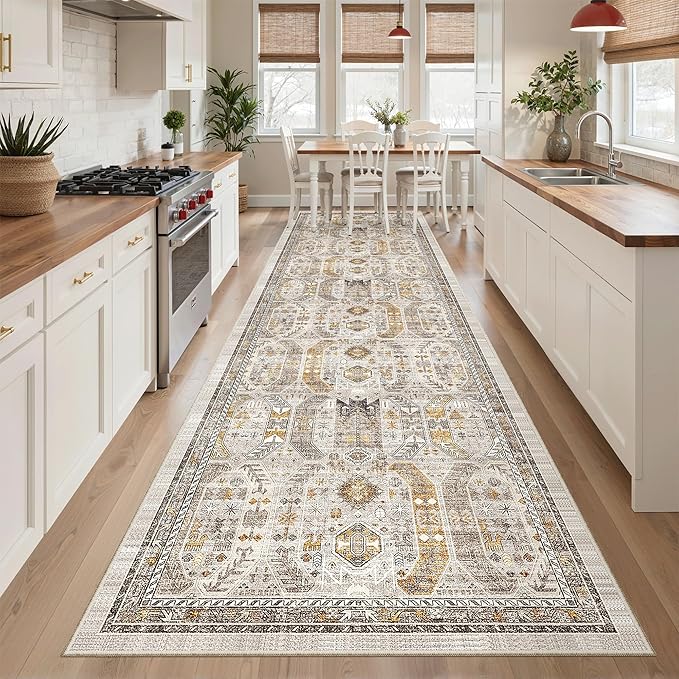 Madane 3x12 Hallway Runner Rug - Non Slip Washable 12ft Runner for Hallways Soft Vintage Kitchen Rugs Low-Pile Carpet Runner for Entryway Bathroom Thin Floor Mat for Bedroom Dining Room, Brown/Gold