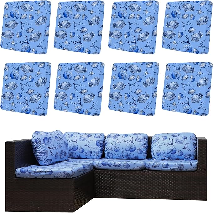 8Pcs Outdoor Cushion Covers, Patio Cushion Covers,Stretch Elastic Slipcovers, Replacement Washable & Reusable Furniture Protector for Patio Couch (Shells & Fish,Cover Only)
