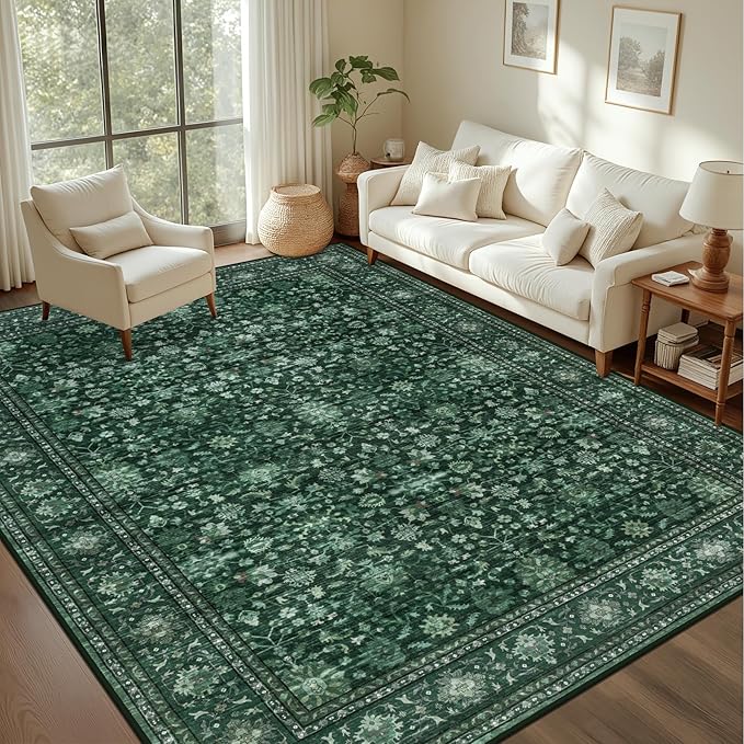 Area Rugs 10x12 Living Room Rug: Washable Rug Soft Vintage Distressed Floral Carpet Indoor Non-Slip Stain Resistant Large Carpets for Bedroom Dining Room Farmhouse Nursery Home Office Deep Green