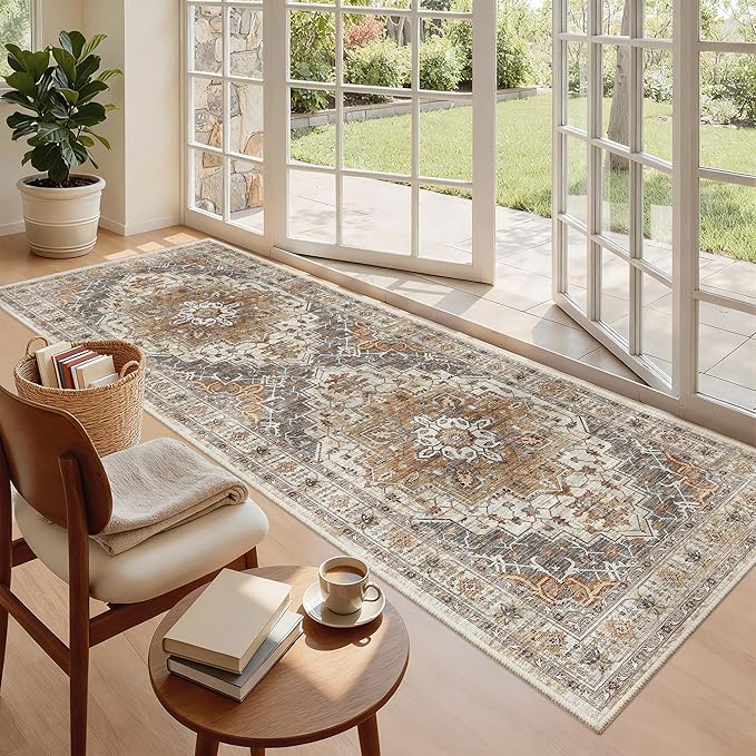 Madane Hallway Runner 3x8, Kitchen Rugs Washable Entryway Rug Vintage Kitchen Runners Non Slip Indoor Area Rug Farmhouse Carpet Runner for Bathroom Living Room Bedroom (3 X 8, Turmeric/Grey)