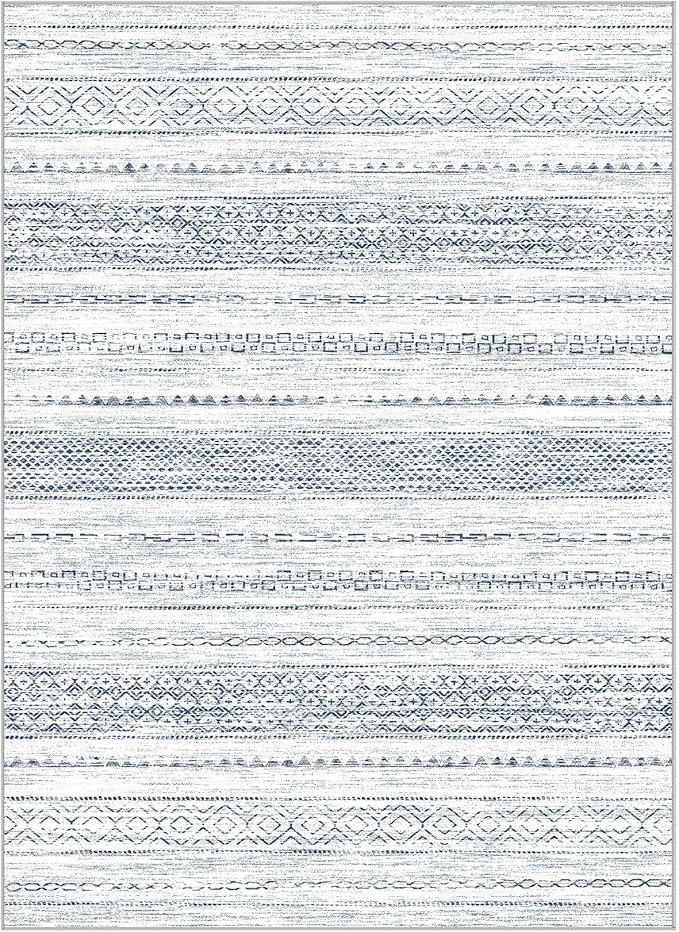 Nakagishi 8x10 Area Rugs Living Room: Washable Boho Large Neutral Soft Farmhouse Rug Stain Resistant Modern Indoor Floor Non-Slip Carpet for Bedroom Nursery Kids Playroom Office Dining Dorm-White Blue