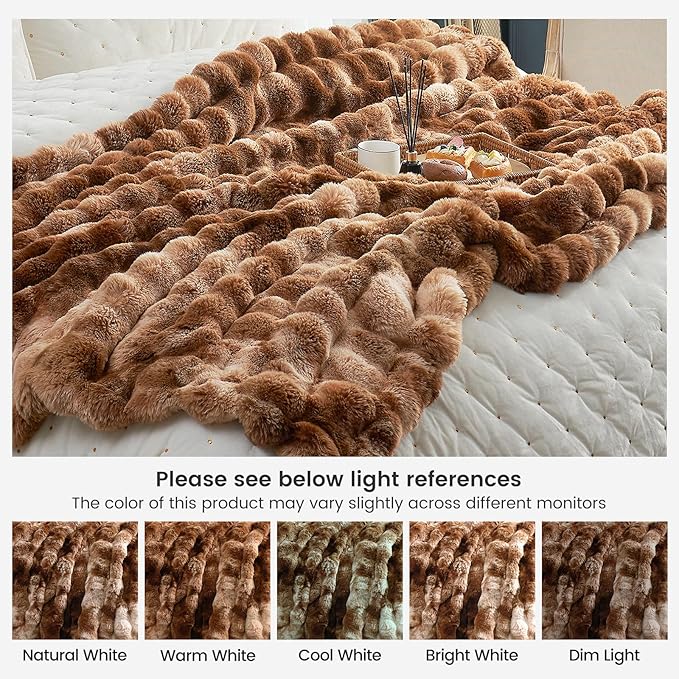 Cozy Bliss Faux Fur Throw Blanket for Bed Queen Size, Fuzzy Soft Plush Thick Bubble Blanket for Bedroom Living Room, 90x90 Inches Tie-dye Brown