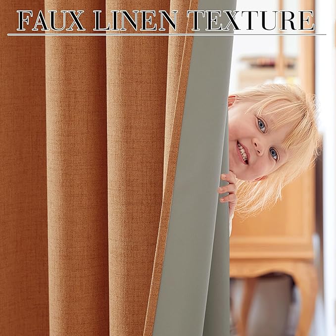 RYB HOME 100% Blackout Fall Curtains for Bedroom Linen Texture, Burnt Orange Curtains for LivingRoom/Office/Sliding Door, Thermal Insulated Farmhouse HomeDecor, Luxury Privacy Drape, W52xL84, 2 Panels