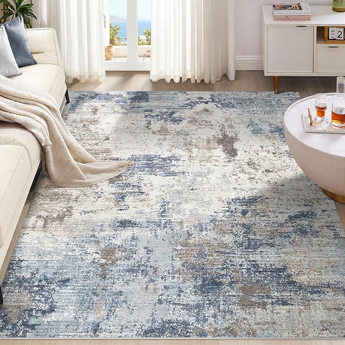 UERMEI 9x12 Area Rug Living Room Rugs Thickened - Washable Neutral Modern Abstract Soft Rug Indoor Floor No Slip Rug Carpet for Bedroom Under Dining Table Home Office Decor - Denim Blue