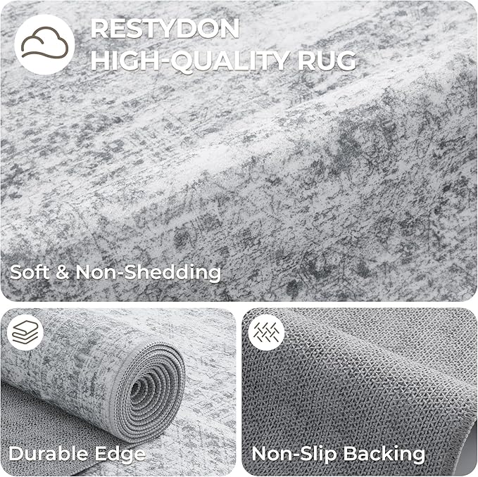 Kitchen Runner Rug Non Slip - 2.5 x 8 Runners for Hallways, Entryway, Bedroom, Washable Runner Rugs for Bathroom, Laundry Room, Low Pile Soft Vintage Area Rug(2.5'x8', Grey/Ivory)