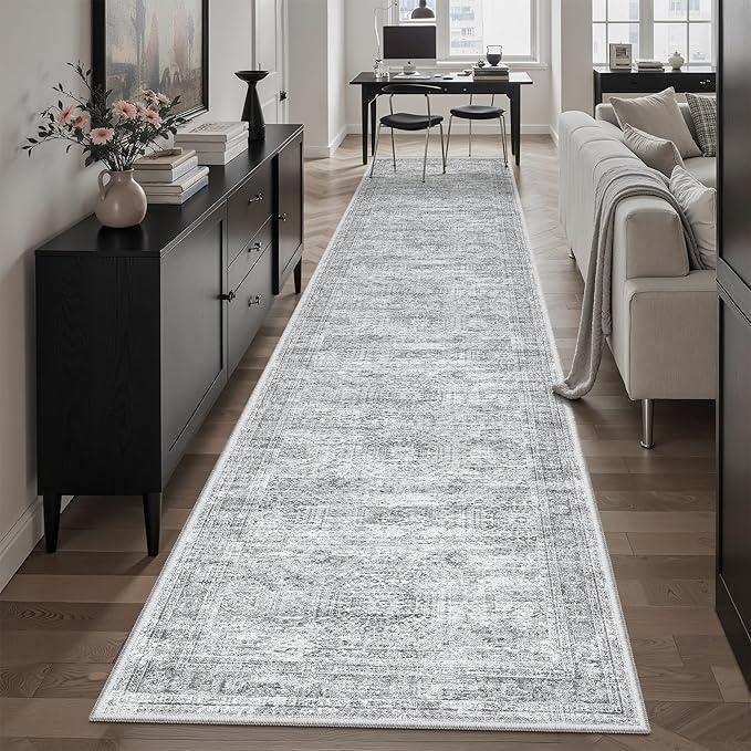 Runner Rug 2'6" x 12' Washable Non-Slip Runner Rugs for Kitchen Bathroom Laundry Room Vintage Ultra Thin Runners for Hallway Entryway Grey