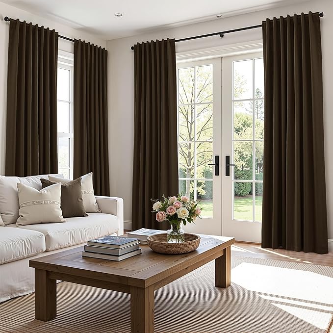 Guken Chocolate 100% Blackout Linen Curtains 102 Inch Length 2 Panels Set for Living Room Bedroom Back Tab/Rod Pocket Thermal Insulated Farmhouse Black Out Drapes Room Darkening,52x102
