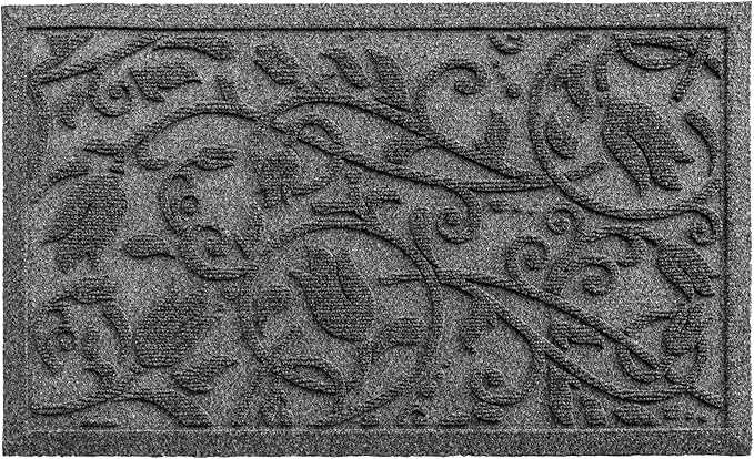 Boho Grey Floral Leaves Outdoor Indoor Entrance Doormats, Absorbent Durable Heavy Duty Welcome Front Door Mat,Thick Natural Rubber Back,Easy Clean Entryway Mat 23x35 Inch, Low Profile