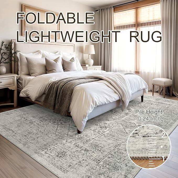 Soalmost 6x9 Area Rug for Living Room Floral Washable Non-Slip Gray Rugs for Bedroom Dinning Room Ultra-Thin Indoor Grey Rug