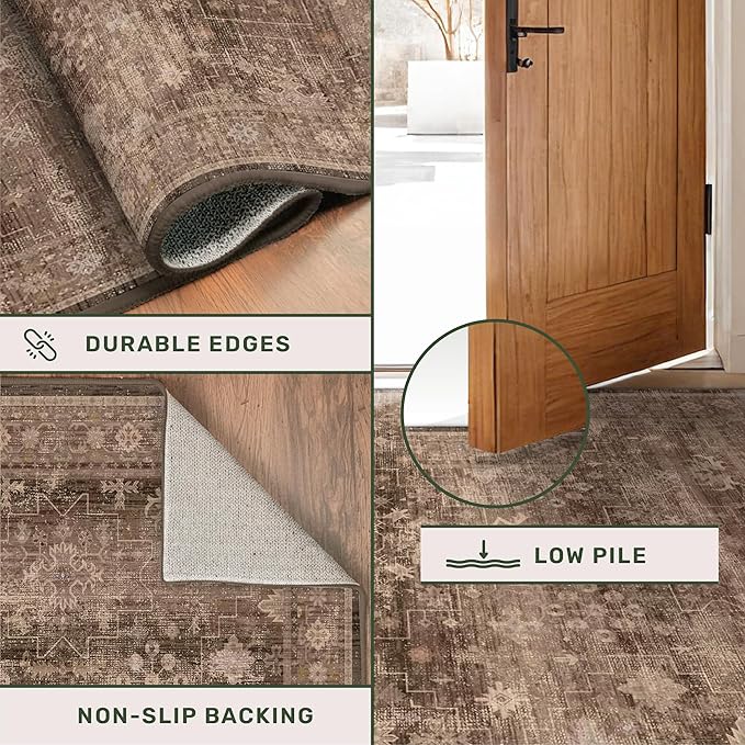 Hazo Haus Brown Neutral Boho Washable 3x12 Extra Long Hallway Runner Rug, Waterproof Large Kitchen Floor Rug Indoor, Non-Slip Stain & Fade Resistant, Vintage Dark Earthy Taupe Decor