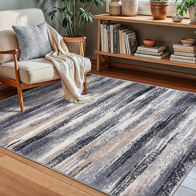 Lansny Modern Abstract Small Area Rug Indoor 3x5 Washable Rug Non-Slip Soft Entryway Rug Grey Black Multi Kitchen Mats Thin Print Faux Wool Floor Carpet Throw Rugs for Entrance Bedroom Home Decor