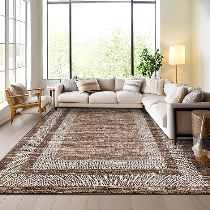 GarveeHome Extra Large Area Rug 10x13 Modern Geometric Rug with Non Slip Rubber Backing, Thin Washable Foldable Carpets, Soft Low Pile Non Shedding Printed Floor Mats for Hotel Office, Brown