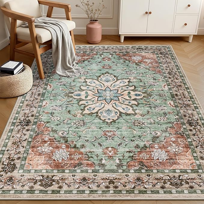 5x7 Area Rugs Living Room Rug: Washable Vintage Distressed Floral Rug No Slip Stain Resistant Soft Carpet Indoor Large Carpets for Bedroom Dining Room Farmhouse Nursery Hallway Home Office Brown Green