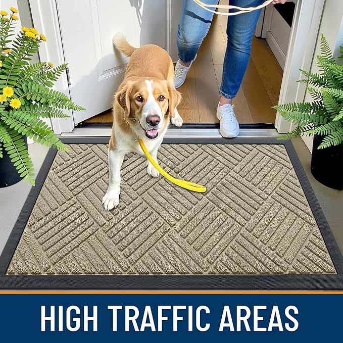 OLANLY Front Door Mat Outside Entrance 59x23, Absorbent, Heavy Duty Sturdy Natural Rubber Doormat Indoor Outdoor, Stain and Fade Resistant, Non-Slip Low Profile Floor Mat for Entryway, Beige Diamond