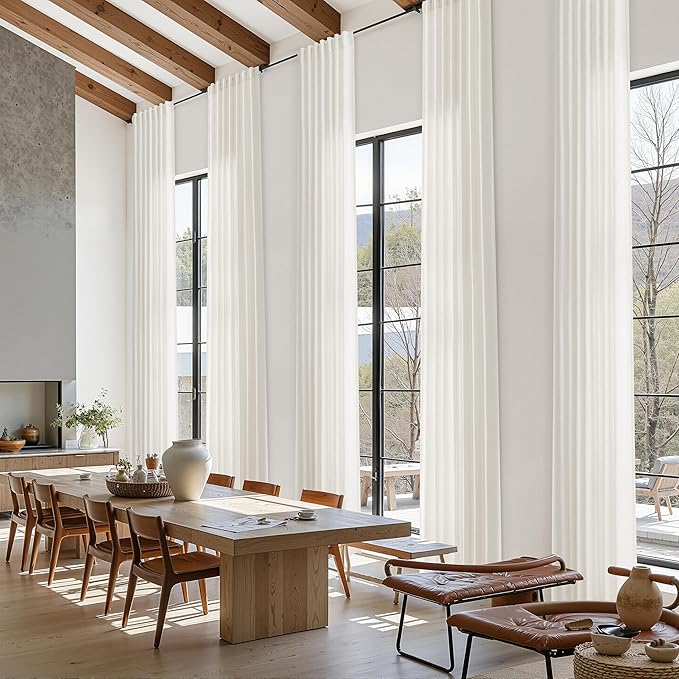 Ivory White Linen Curtains 132 Inch Length for Living Room Light Filtering Semi Sheer Curtain Back Tab Neutral Modern Farmhouse Decor Drapes Floor to Ceiling High Window for Bedroom 52x132, 2 Panels