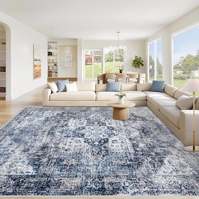 Area Rug 8x10 Washable Rug, Vintage Boho Medallion Rugs Non-Slip Soft Low Pile Large Distressed Rug Indoor Retro Carpet for Living Room Bedroom Dining Room Home Office (Blue, 8'x10')