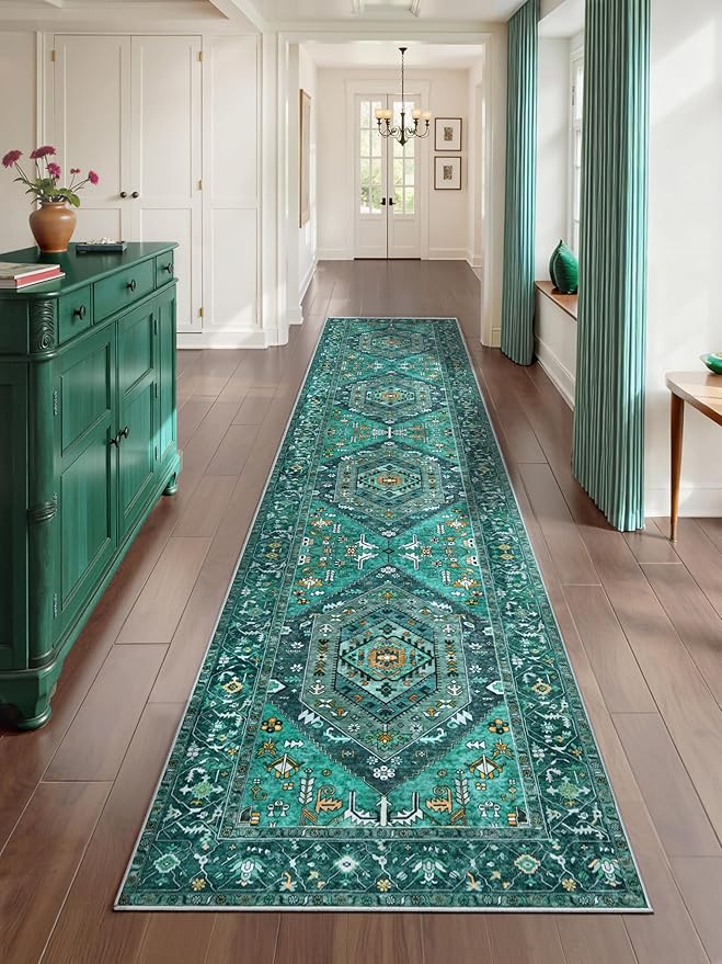 SERISSA Runner Rug for Hallways, 2'6"x12' Washable Non Slip Kitchen Runner Rug, Extra Long Boho Rug Ultra Soft Vintage Teal Print Floor Carpet for Bedroom Hallway Entryway Bathroom Laundry Room