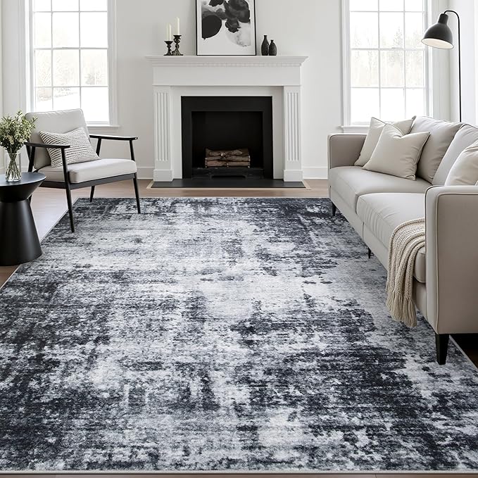 10x12 Area Rug Living Room Rug: Washable Modern Abstract Soft Thin Rug Indoor Floor No Slip Stain Resistant Carpet for Bedroom Dining Room Farmhouse Nursery Home Office - Dark-Black