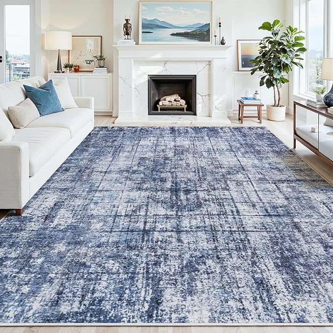 9x12 Area Rugs for Living Room Washable Rug: Anti-Skid Abstract Modern Living Room Rug Soft Thin Carpets Indoor Floor Non-Shedding Carpet for Bedroom Dining Farmhouse Nursery Navy Light Gray