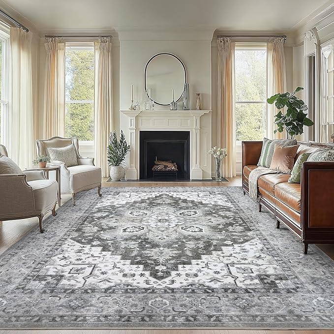 AMADA HOMEFURNISHING 9x12 Area Rugs, Low-Profile Large Washable Area Rug with Non-Slip Backing & Durable Edge Binding, Vintage Rugs for Living Room, Bedroom & Dinning Room