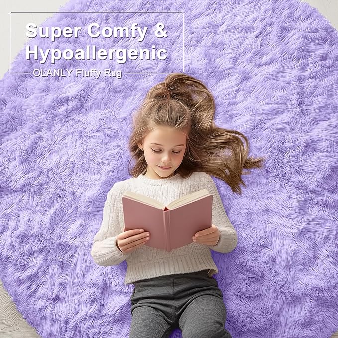 OLANLY Light Purple Round Rugs for Bedroom - Machine Washable, 9 ft Circle Area Rugs for Living Room, Soft and Fluffy Shaggy Carpet for Teen Girls and Boys, Nursery Rooms, Dorms, Home Decor Aesthetic