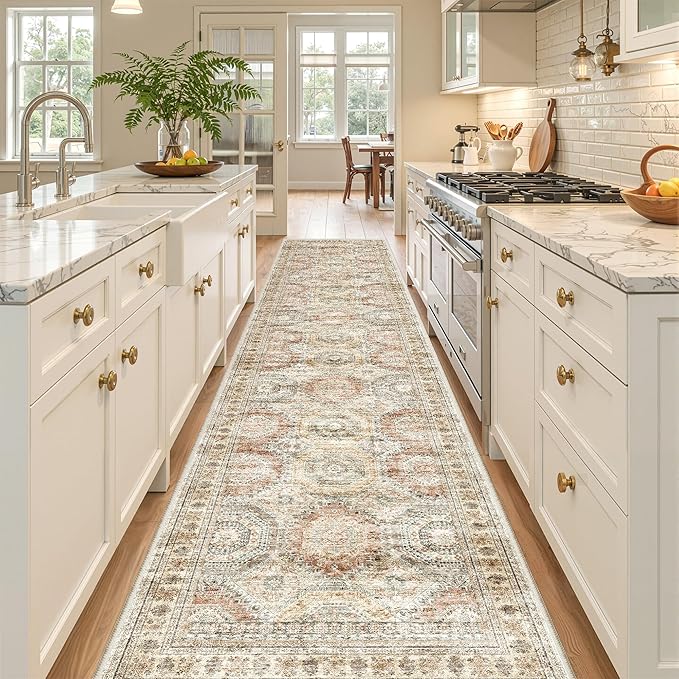 Long Bathroom Rugs Runner - Washable Runner Rugs for Hallway 2x10, Ultra-Thin Soft Kitchen Carpet Runner, Anti Slip Backing Runner Rugs for Entrance, Bedroom, Living Room(2'x10', Brown/Pink)