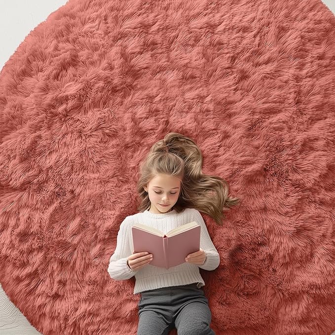 OLANLY Rust Red Round Rugs for Bedroom - Machine Washable, 7 ft Circle Area Rugs for Living Room, Soft and Fluffy Shaggy Carpet for Teen Girl and Boys, Nursery Rooms, Dorms, Home Decor Aesthetic