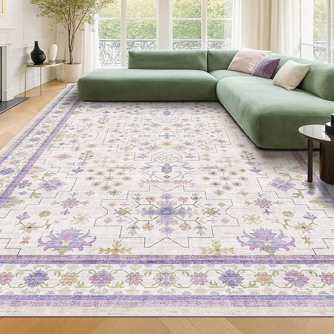8x10 Large Lavender Rug for Bedroom, Floral Area Rug for Living Room, Dinning Room Under Table, Cute Fantasy Décor, Non Slip Low Pile Stain Resistant Washable Foldable Carpet
