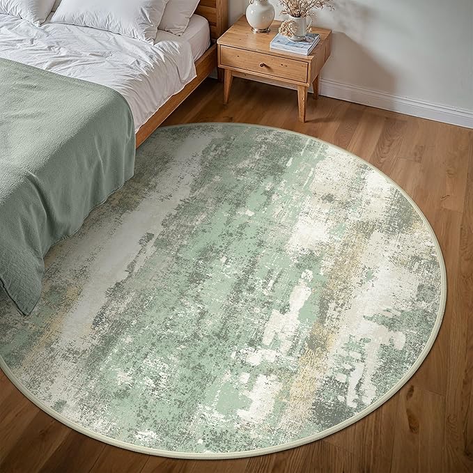 BEIMO Round Rugs 4FT for Living Room Bedroom, Modern Abstract Machine Washable Circle Rug, Soft Low Pile Floor Cover with Non Slip Backing for Dining Room, Light Green