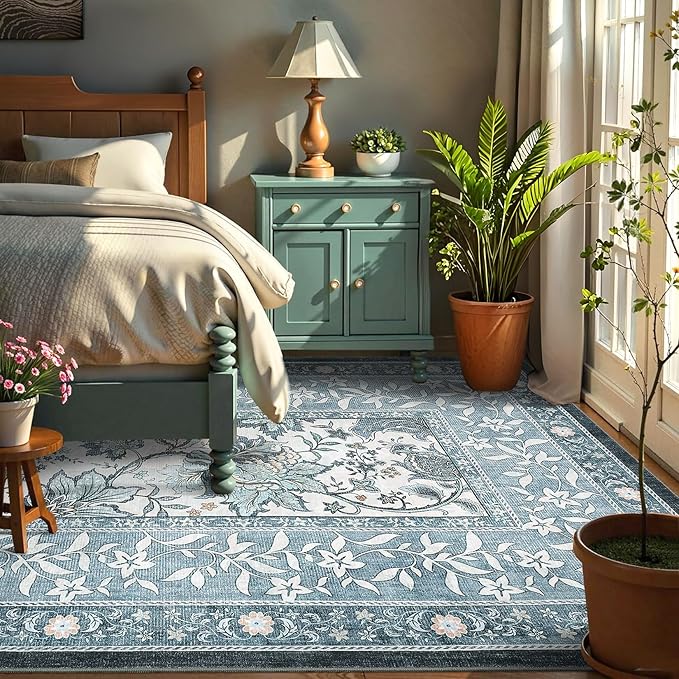 GarveeHome Provence Misty Blue 6x9 Area Rugs, Botanical Grove Vintage Cottagecore Non-Slip Washable Rug for Bedroom Living Room Nursery Kitchen Low-Pile Carpet