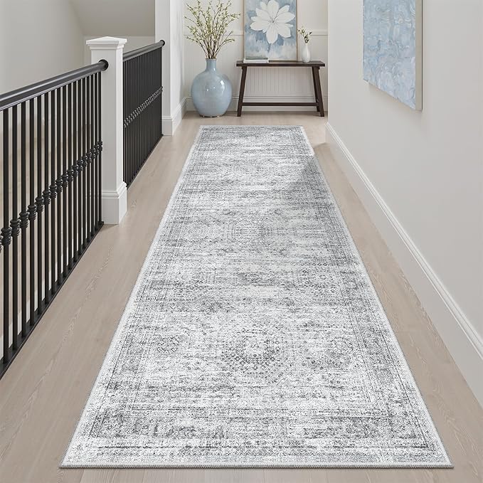 Washable Runner Rug, 2'6" x 8' Non-Slip Kitchen Vintage Foldable Hallway Runners for Entryway, Laundry, Bedroom, Grey