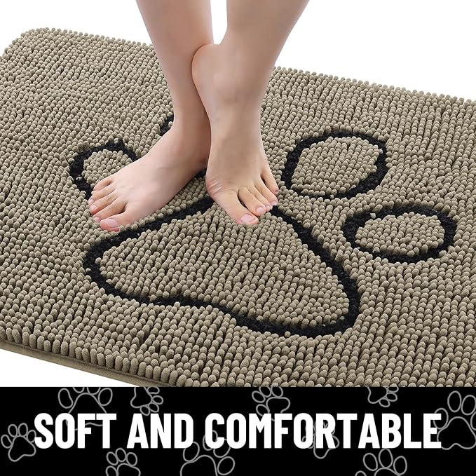 Smiry Dog Door Mat for Muddy Paws, Absorbent Dirt Trapper Non Slip Quick Dry Washable Chenille Mat for Mud Dogs, Entry Rug for Indoor and Outdoor (48x30 Inches, Warm Taupe and Black)