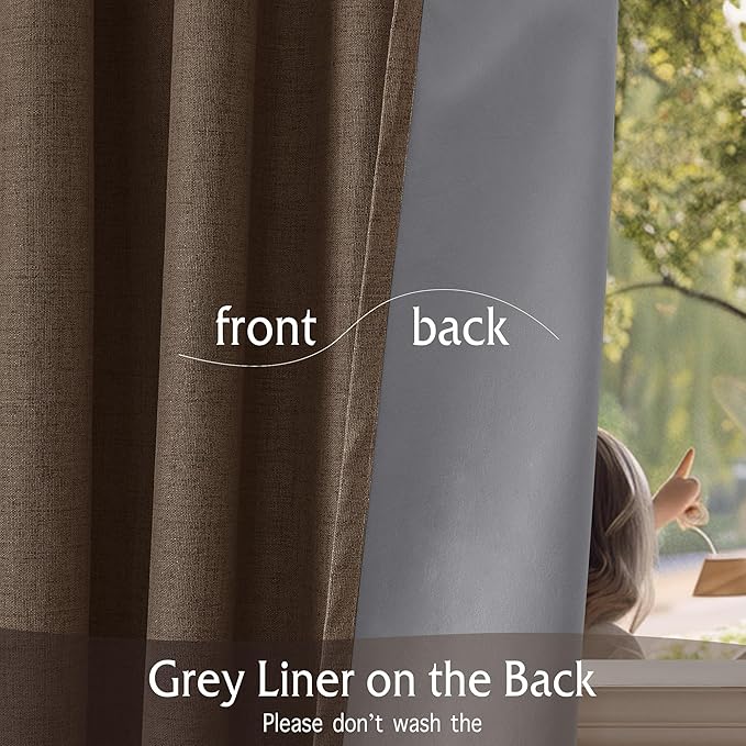 RYB HOME Coffee 100% Blackout Linen Curtains 72 inch Long, Thermal Insulated & Privacy Assurd Drapes for Bedroom/Office/Nursery, Rod Pocket & Back Tab Window Treatment, W52 X L72, 2 Panels