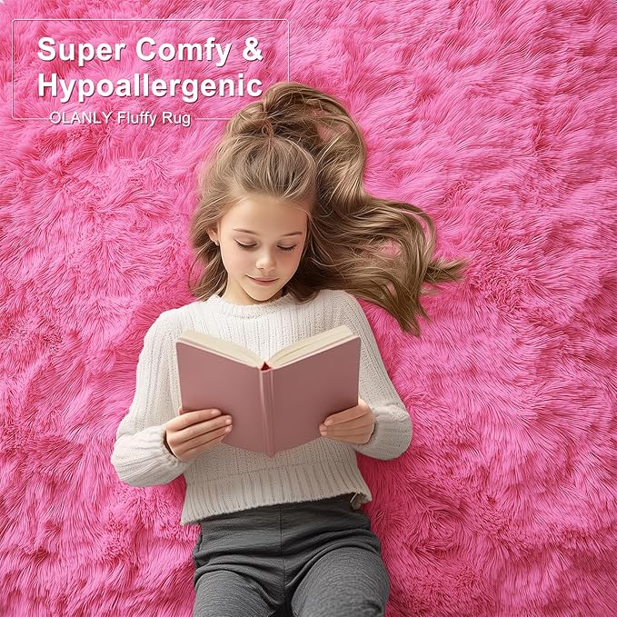OLANLY 9x12 Machine Washable Large Area Rugs for Living Room, Bedroom, Soft Fluffy Shaggy Bedside Rug, Indoor Floor Carpet for Kids Girls and Boys, Dorms, Nursery, Home Decor Aesthetic, Hot Pink