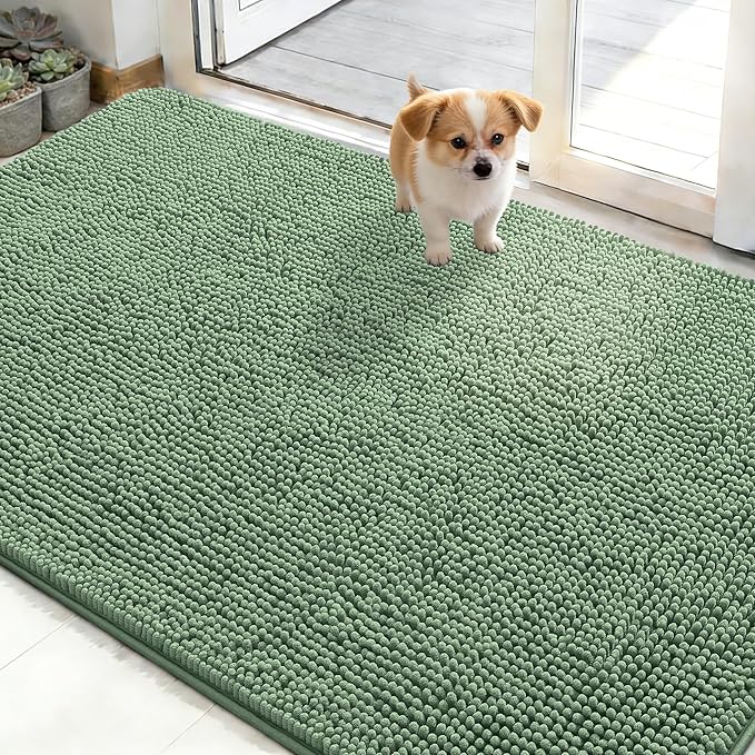 OLANLY Dog Door Mat for Muddy Paws 50x30, Absorbs Moisture and Dirt, Absorbent Non-Slip Washable Doormat, Quick Dry Chenille Mud Mat, Entry Indoor Entryway Carpet for Inside Floor, Olive Green