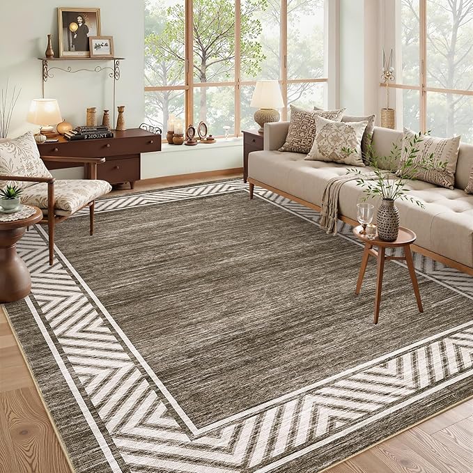 GarveeHome Bordered Bedroom Rugs 5x7 Ultra-Soft Indoor Carpet, Non-Slip Modern Geometric Living Room Rug, Stain-Resistant Neutral Accent Floor Cover for Dining Room, Nursery, Office, Brown