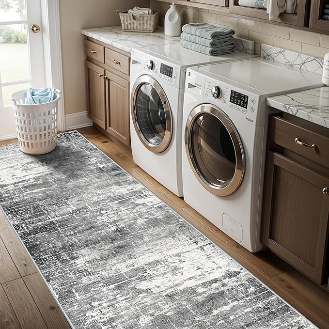 Washable 2X10 Kitchen Area Rug: Entryway Abstract Rug Runner Soft Bedroom Besides Floor Mat Non-Slip Indoor Farmhouse Carpet for Bathroom Living Room Stain Resistant Runner for Family(2x10,Black/Grey)
