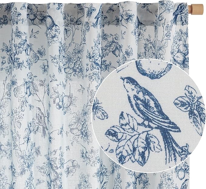 jinchan Linen Floral Curtains for Living Room 96 Inch Length Blue Printed Flower French Country Curtain Farmhouse Cottage Core Toile Curtains Back Tab Light Filtering Window Drapes Set 2 Panels