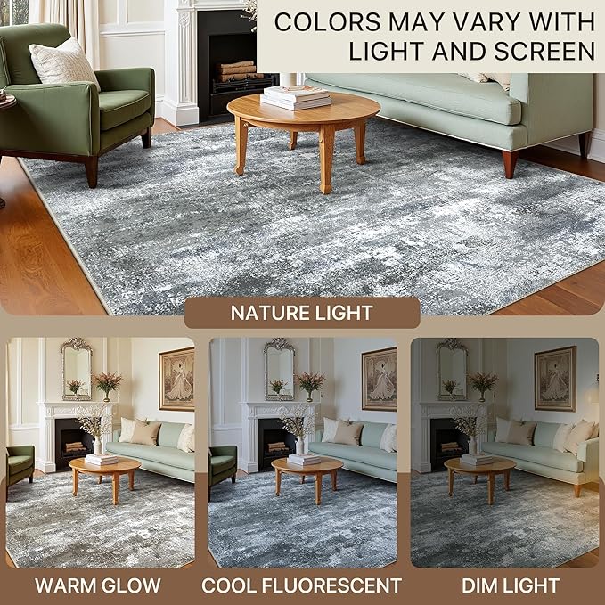 BEIMO Area Rugs 6x9 for Living Room Bedroom, Modern Abstract Machine Washable Rug, Large Soft Low Pile Floor Carpet with Non Slip Backing for Dining Room, Silver Grey
