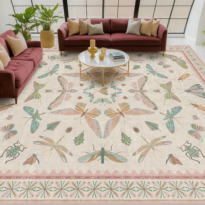 Hazo Haus 7x9 Cute Insect Rugs for Girls Bedroom - Pink and Blue Washable Floral Living Room Rugs, Dining Room Under Table, Insect Print Whimsical Indoor Décor, Low Pile & Soft