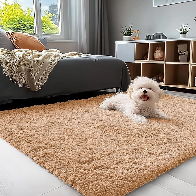 OLANLY 3x5 Machine Washable Small Bedside Rug, Soft Fluffy Shaggy Rugs for Living Room, Bedroom, Indoor Floor Carpet for Kids Girls and Boys, Preppy Dorms, Nursery, Home Decor Aesthetic, Khaki