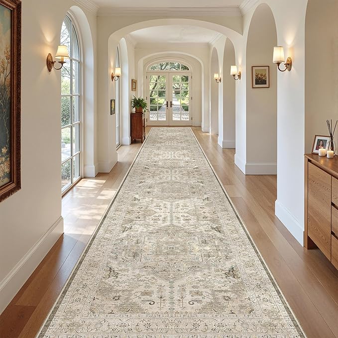 Madane 3x20 Hallway Runner Rug - Extra Long Carpet Runners for Hallways 20ft Non Slip Stain Resistant Rugs Runner for Living Room Bedroom 20 Feet Distressed Floor Carpet for Kitchen, Ivory/Brown