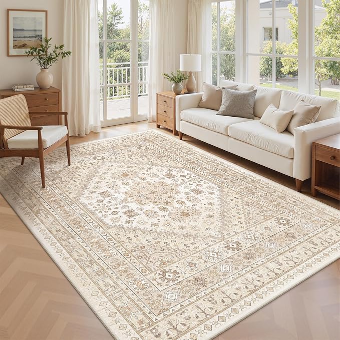 zesthome 7x9 Area Rug, Super Soft Washable Rugs for Living Room, Non-Slip Stain Resistant Vintage Rugs, Ultra-Thin Large Area Rugs (Cream/Beige,7'x9')