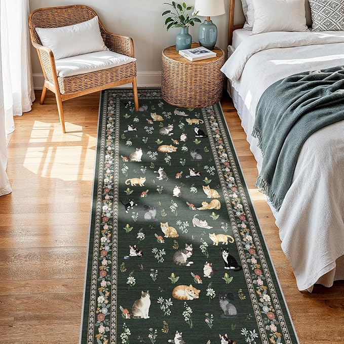 2x5 Washable Kitchen Runner Rug - Soft Low Pile Floral Animal Cat Print Rugs with Non-Slip Backing Waterproof Stain-Resistant Indoor Carpet for Hallway Entryway Bathroom Bedroom (Sage Green)