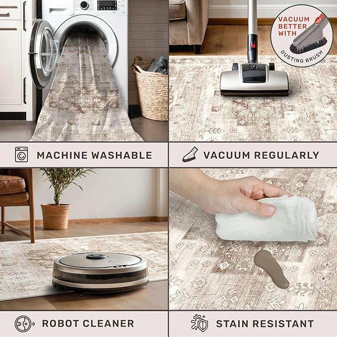 Hazo Haus Non Slip Hallway Runner Rug - 2 x 10 Runner Rug, Washable & Waterproof Kitchen Floor Mat - Extra Long Neutral Farmhouse Boho Design Décor (2x10 Beige/Latte)