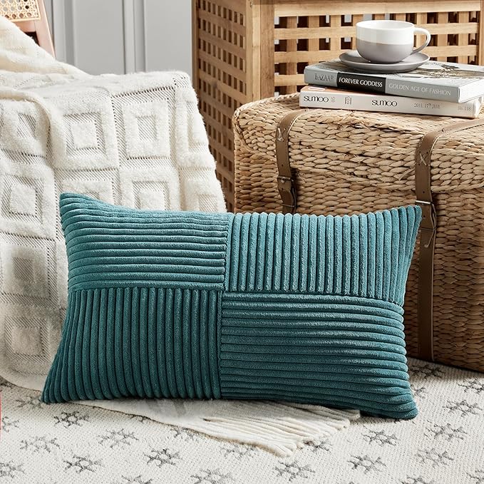 Fancy Homi 2 Packs Teal Lumbar Decorative Throw Pillow Covers 20x28 Inch for Living Room Couch Bed Sofa, Rustic Farmhouse Boho Home Decor, Soft Striped Corduroy Rectangle Accent Cushion Case 50x70 cm